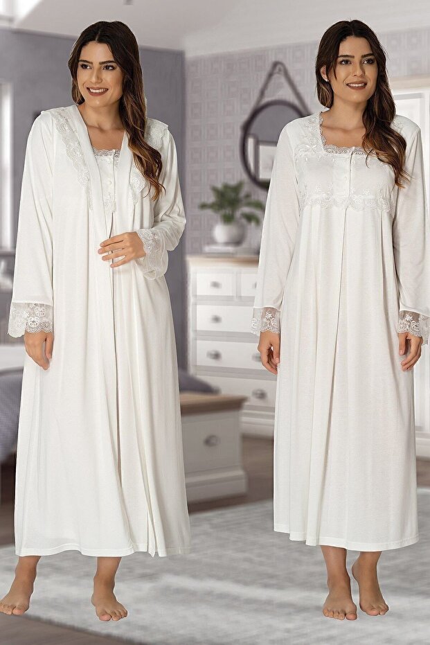 Ecru Cotton Maternity Nursing Nightgown Set