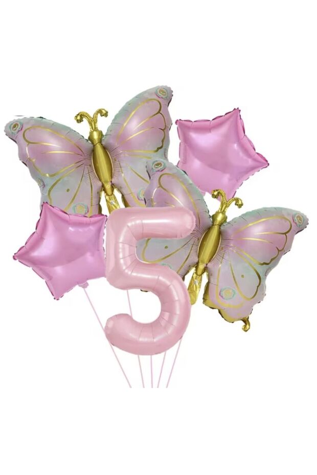 Pink 5 Year Old Number Balloon Set with Gold Butterfly