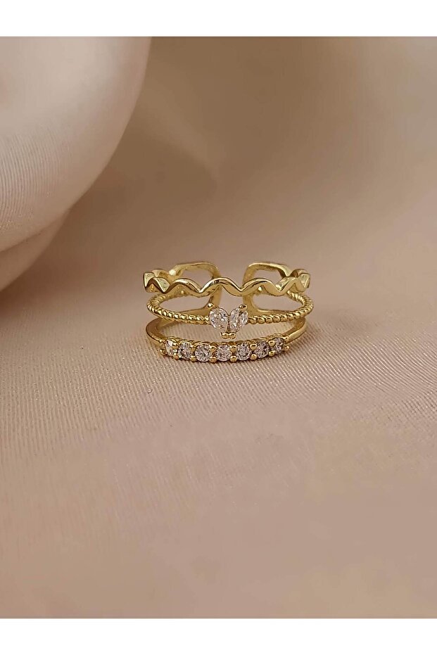 Three 3 Row Heart Model Zircon Stone Adjustable Gold Gold Color Ring
