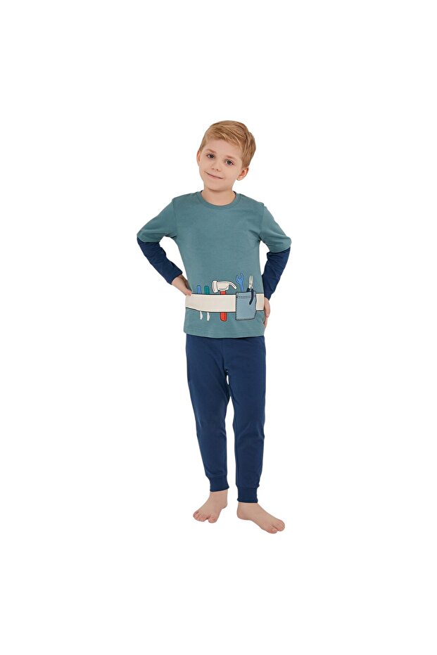 Tool Team Mavi Erkek Çocuk Uzun Kol Pijama Takım - 1
