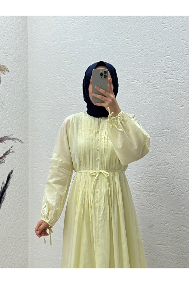Orelita Önü Düğmeli ve Pileli Elbiseli Takım-BN4449 Sarı - 2