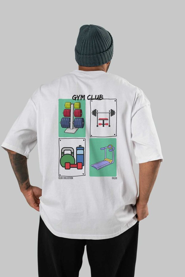 Gym Club Back Printed White Oversize T-Shirt Men's Women's 100% Cotton Crew Neck T-Shirt