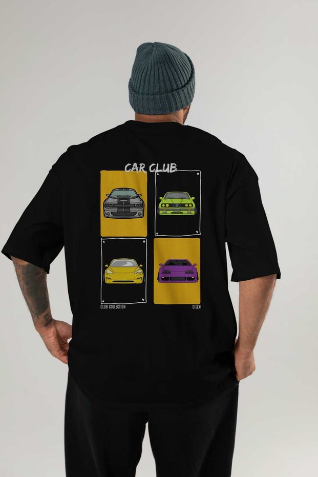 Car Club Back Printed Black Oversize T-Shirt Men's Women's 100% Cotton Crew Neck T-Shirt
