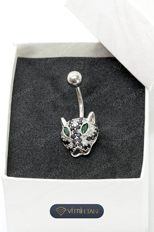 Leopar Figürlü Gümüş Renk Göbek Piercing - 2