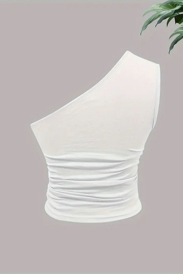 Kadın Beyaz Tek Omuzlu Basic Dar Kesim Slim Fit Bluz - 3