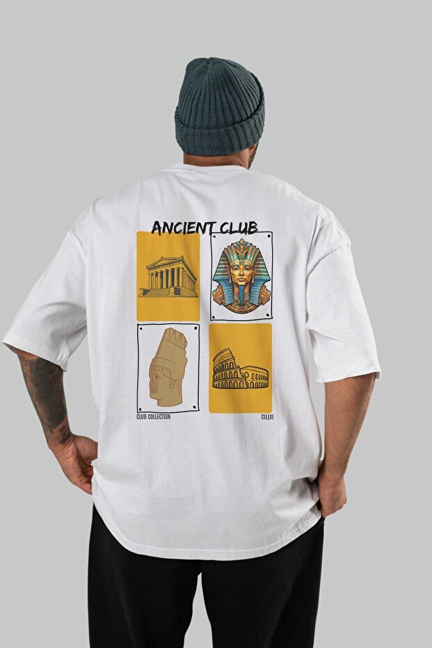 Ancient Club Back Printed White Oversize T-Shirt Men's Women's 100% Cotton Crew Neck T-Shirt