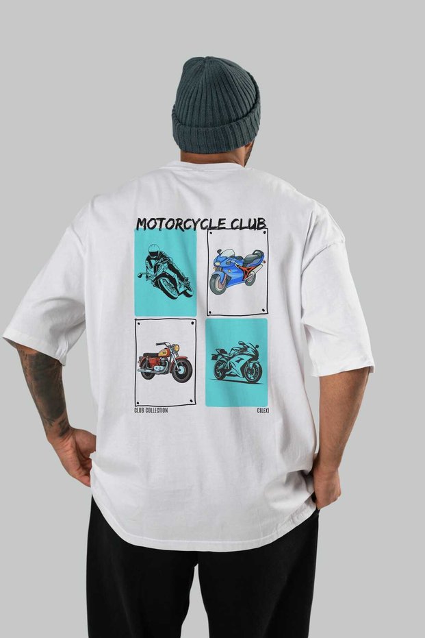 Motorcycle Club Back Printed White Oversize T-Shirt Men's Women's 100% Cotton Crew Neck T-Shirt