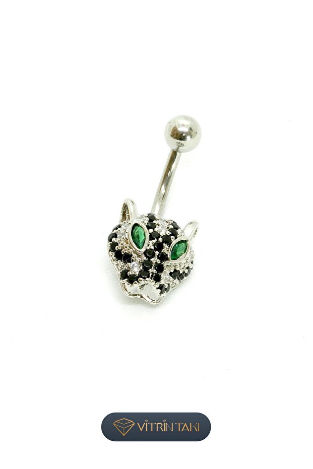 Leopar Figürlü Gümüş Renk Göbek Piercing - 1