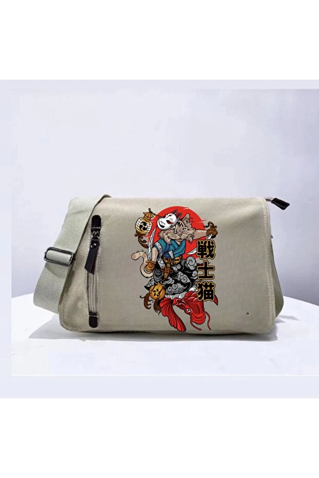 Streetbeat Wear Samurai Cat Unisex Beige Messenger Bag
