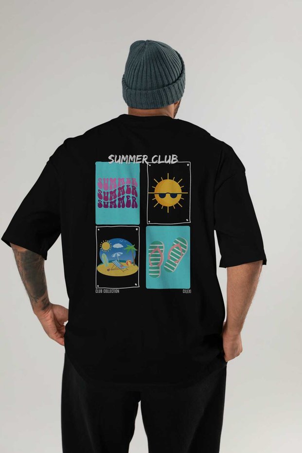 Summer Club Back Printed Black Oversize T-Shirt Men's Women's 100% Cotton Crew Neck T-Shirt