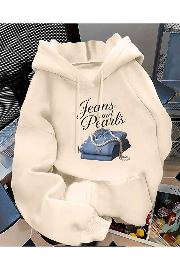 Jeans and Pearls Printed Hooded Pocket Beige Sweatshirt with Wool Inside