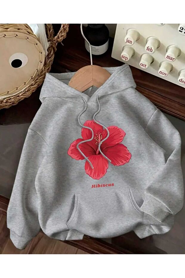 Hibiscus Printed Hooded Pocket Cotton Gray Sweatshirt