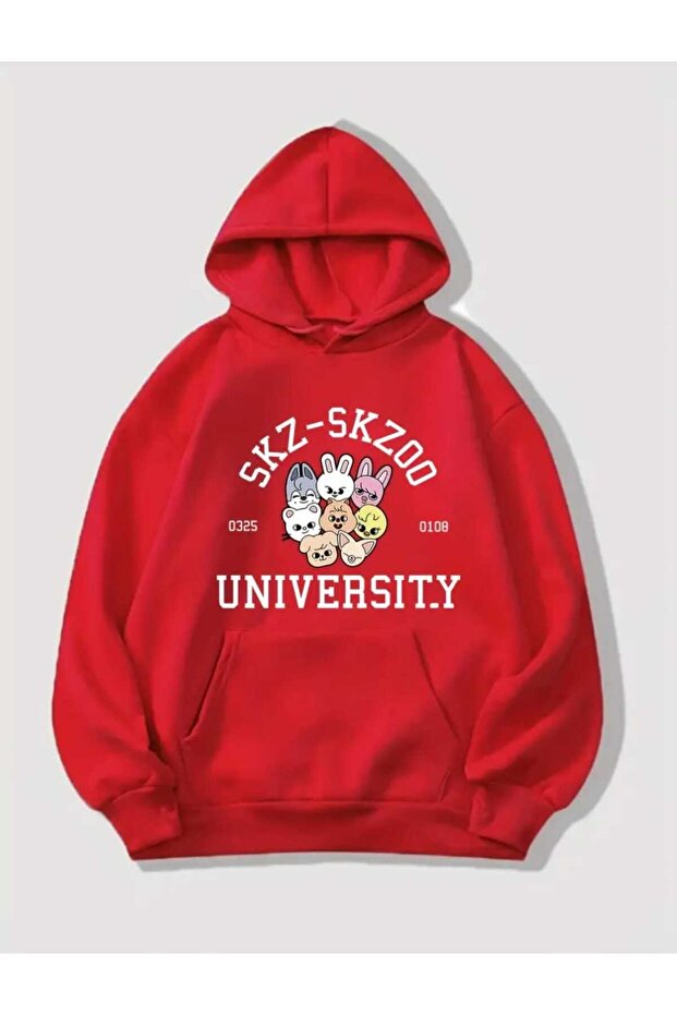Sk-Zoo University Printed Hooded Pocket Cotton Red Sweatshirt