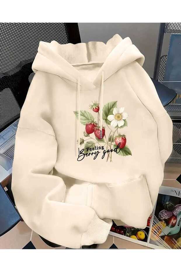 Berry Good Printed Hooded Beige Sweatshirt with Pocket and Wool Inside
