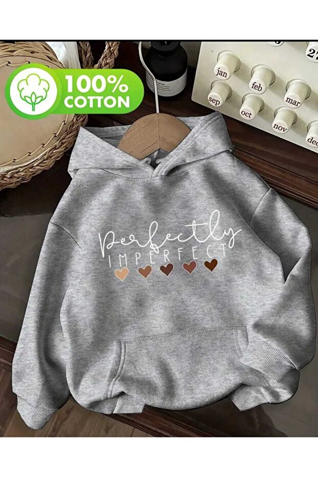 Perfectly Imperfect Printed Hooded Pocket Gray Sweatshirt with Wool Inside