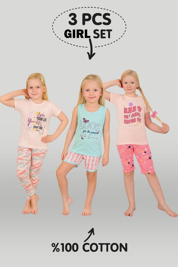 Girl's 3-Piece 100% Cotton Pajama Set for 1-2-3 Years Old Model:130