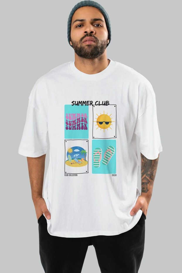 Summer Club Front Printed White Oversize T-Shirt Men's Women's 100% Cotton Crew Neck T-Shirt
