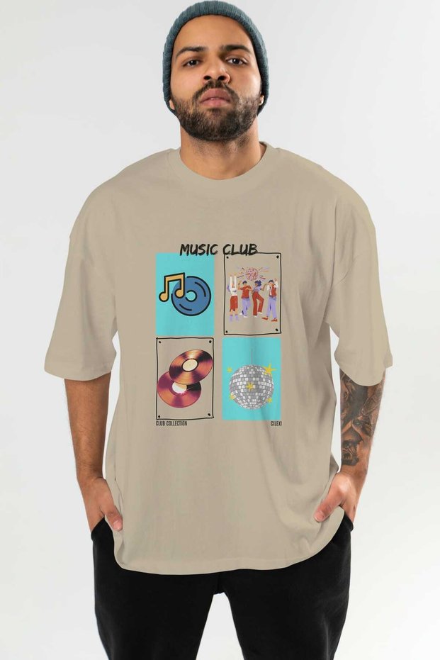 Music Club Front Printed Beige Oversize T-Shirt Men's Women's 100% Cotton Crew Neck T-Shirt