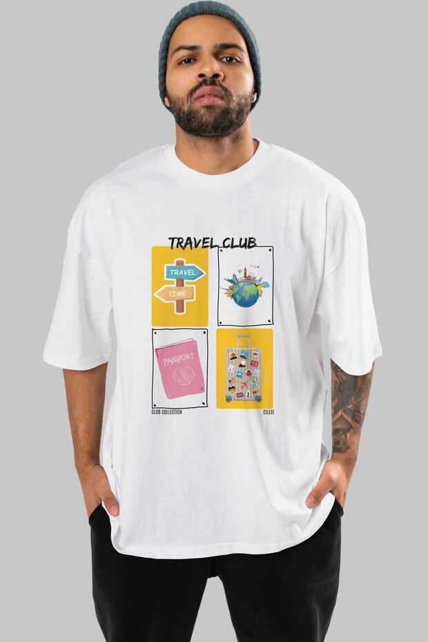 Travel Club Front Printed White Oversize T-Shirt Men's Women's 100% Cotton Crew Neck T-Shirt
