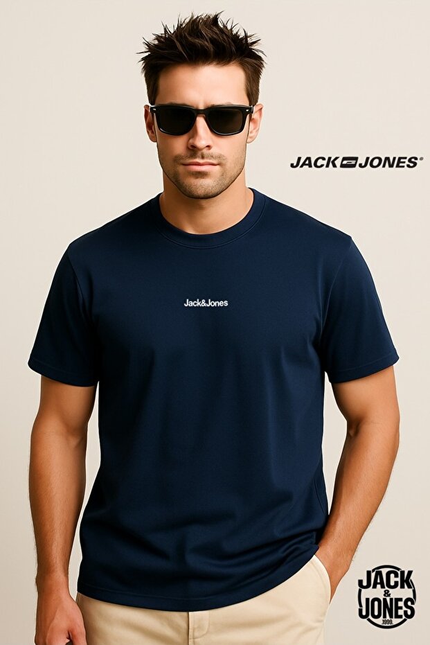 J&J Jjmine Men's Logo Back Logo Printed T-Shirt Navy Blue A2222