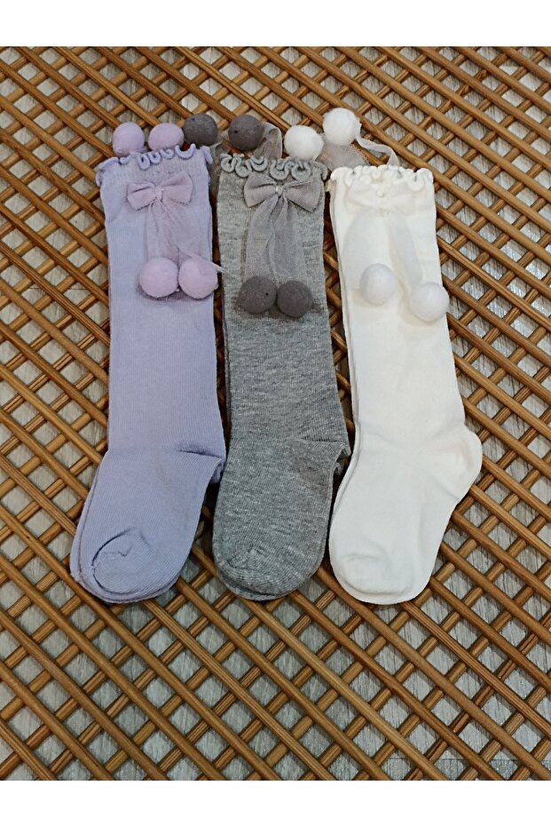 Pompom bow baby 3-piece knee high socks