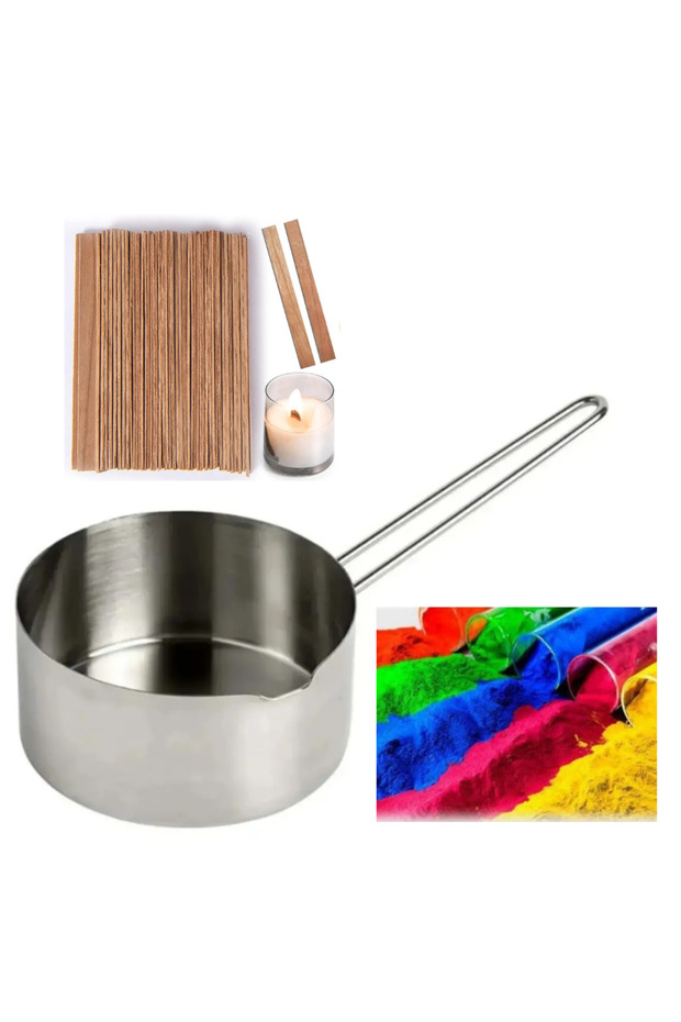 Mum Eritme Kabı 500 Ml + Ahşap Mum Fitili 10 Adet + Mum Boyası 5 Renk Parafin Eritme Mum Yapımı - 1