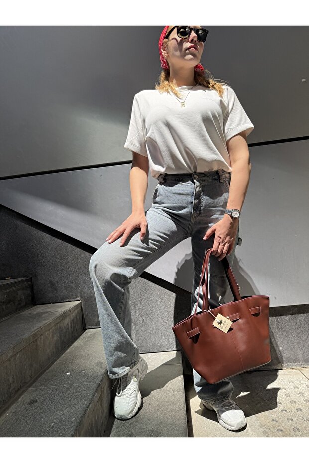 Women's Leo Model Nubuck Lock Detailed Hand and Shoulder Bag