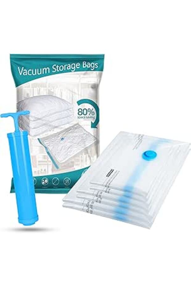 6-Pack Vacuum Storage Bags with Hand Pump, Reusable Compression Bags for Clothes & Bedding