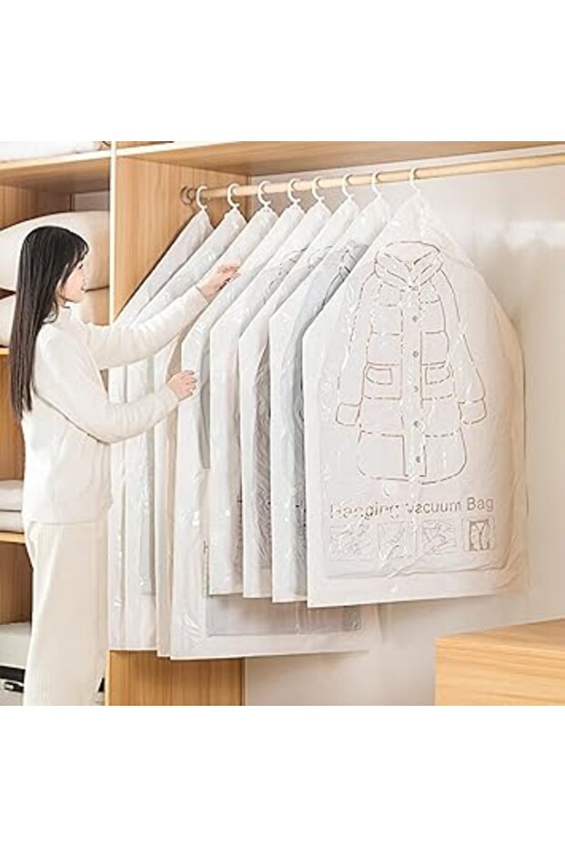 6-Pack Hanging Vacuum Storage Bags with Hand Pump, Reusable Compression Bags for Coats & Clothes