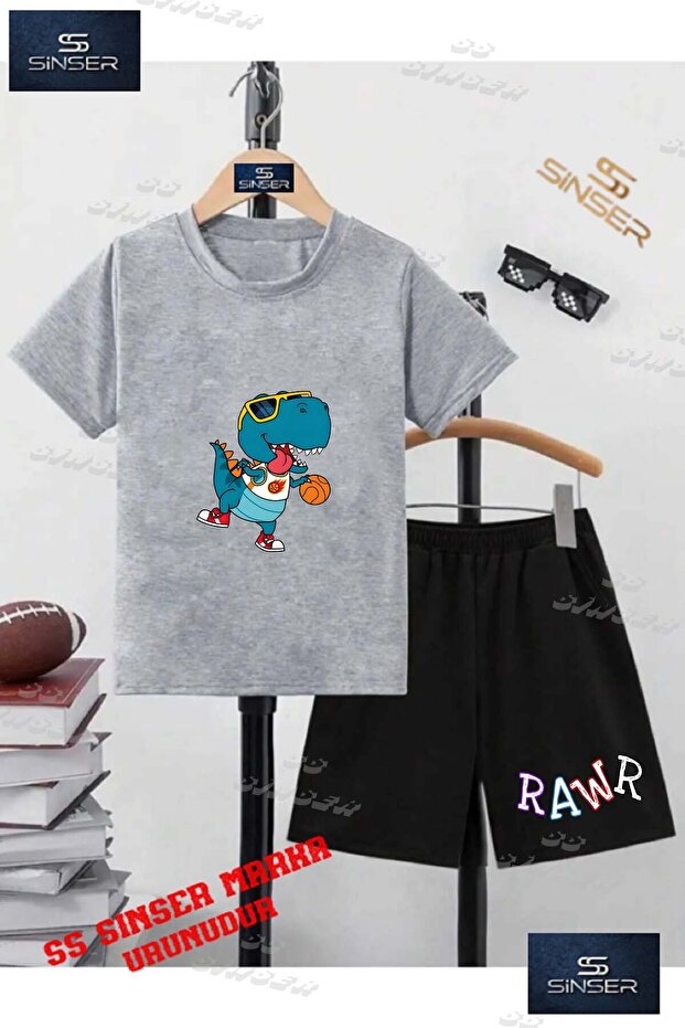 Children's Unisex “Rawr Dino Basket“ Custom Printed Crew Neck T-Shirt - Shorts Set