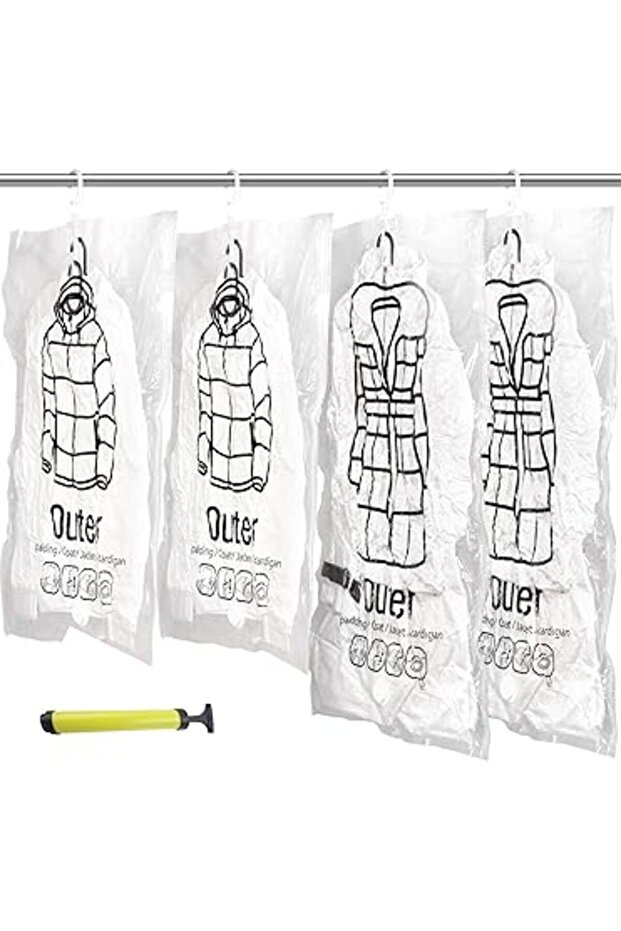 4 Pack Hanging Vacuum Storage Bags with Hangers & Pump – Space Saver for Sweaters, Coats, Suits