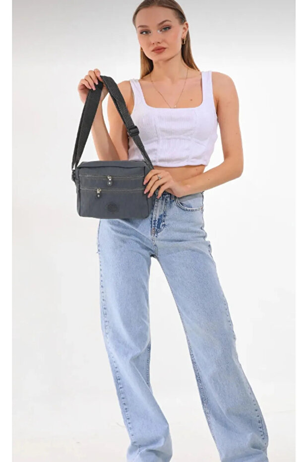 Gray Multi-Compartment Waterproof Crinkle Fabric Shoulder and Crossbody Women's Bag
