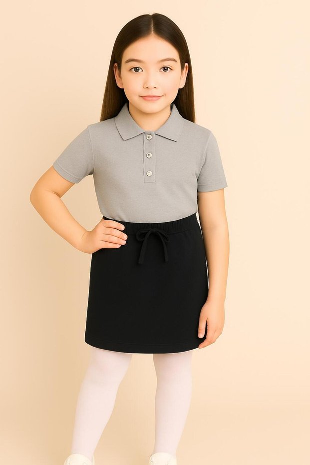 Black Ribbed Waist Shorts Skirt Gray Polo Neck Short Sleeves