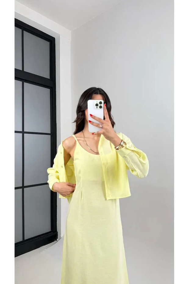 SARI MODAL KUMAŞ TREND GÖMLEK ELBİSE - 2