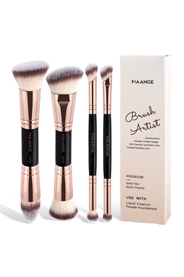 مجموعة فرش المكياج الأساسية من مانج، 4 قطع، بلون الشمبانيا الأسود مع صندوق، ذات طرفين، لأساسات البودرة وأحمر الخدود - 1