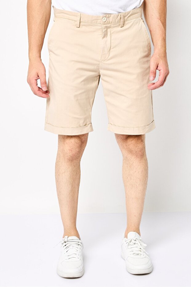 Men Solid Chino Shorts, Beige - 1