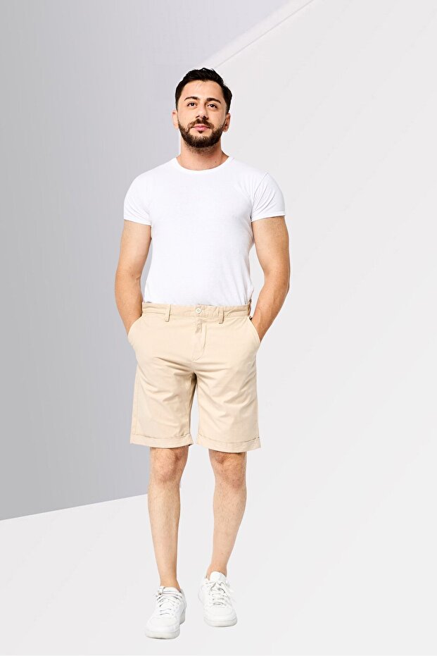 Men Solid Chino Shorts, Beige - 2