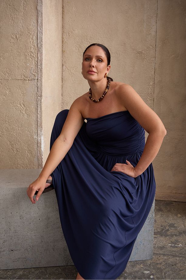 RUSH Straplez Maxi Elbise Lacivert - 3