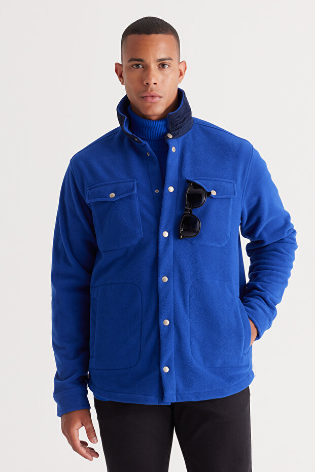 Men's Cobalt Blue-Navy Blue Standard Fit Regular Cut Shirt Collar Pocket Fleece Jacket