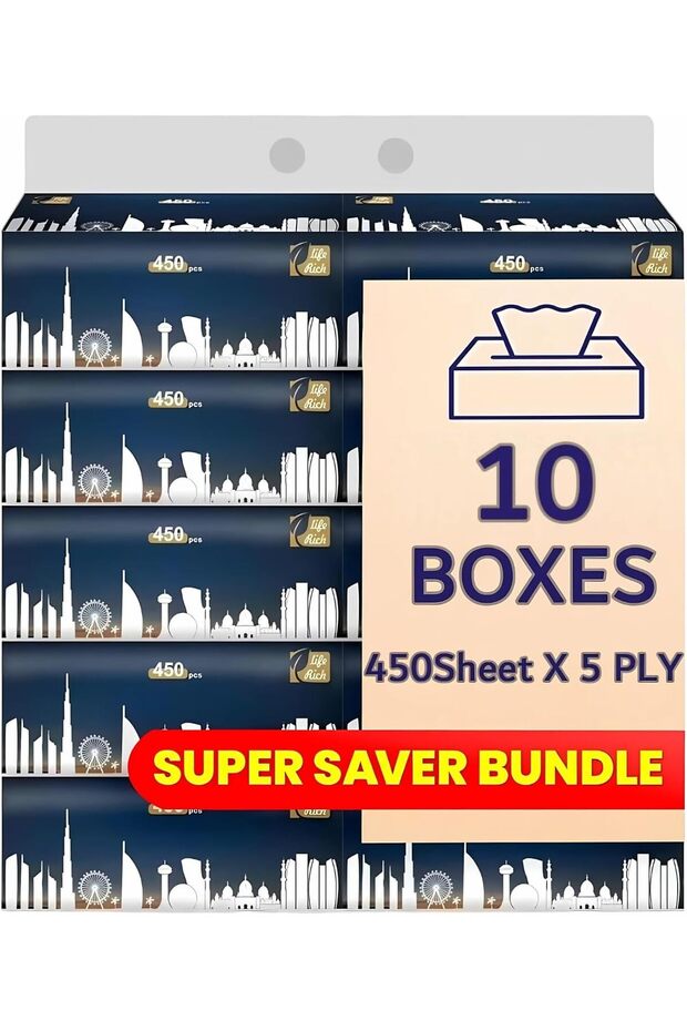 Facial Tissue - Premium Quality 5-Ply - 450 Sheets -10 Value Packs