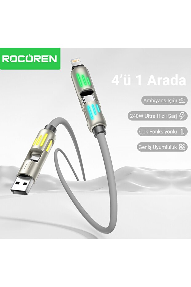 240W 4'ü 1 Arada Type-C / USB-A / Lightning Gri Silikon Şarj ve Data Kablosu 1.2 Metre - 2