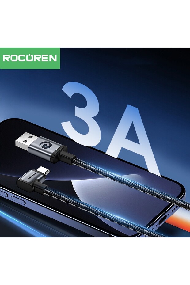 USB-A to Type-C 90° 3A Hızlı Şarj ve Data Kablosu 3 Metre - 2