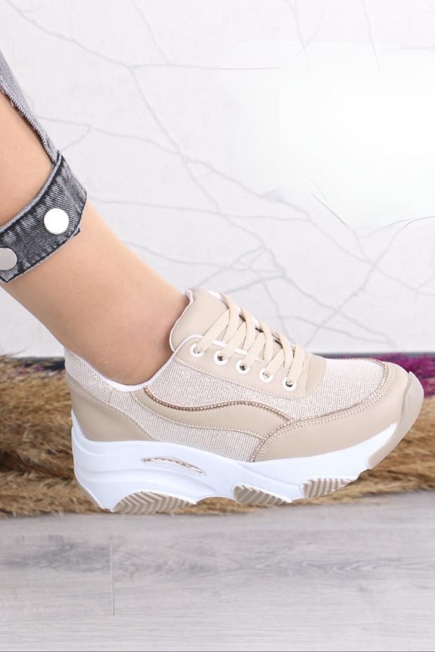Henna Women's Beige 7 cm Hidden Heel Glitter Sneakers