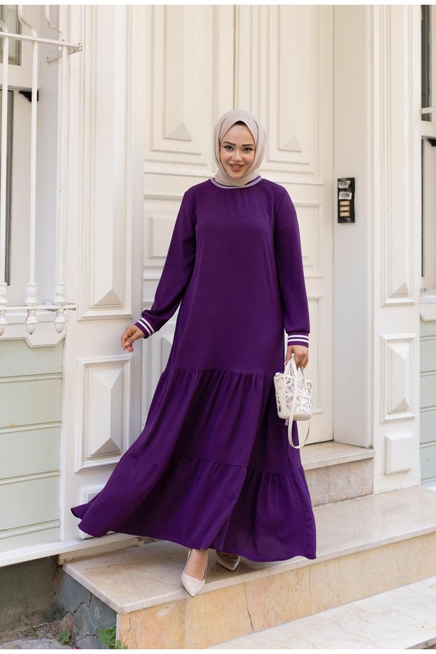 Women's Layered Ribbed Burgundy Hijab Dress
