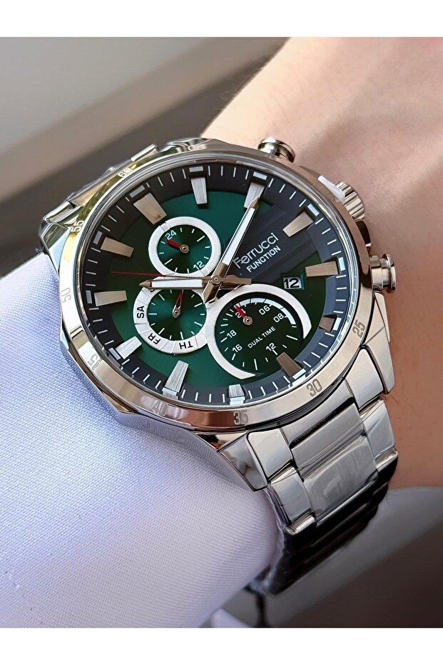 Function Men's Wristwatch Green Dial Metal Cord Dual Time with Calendar