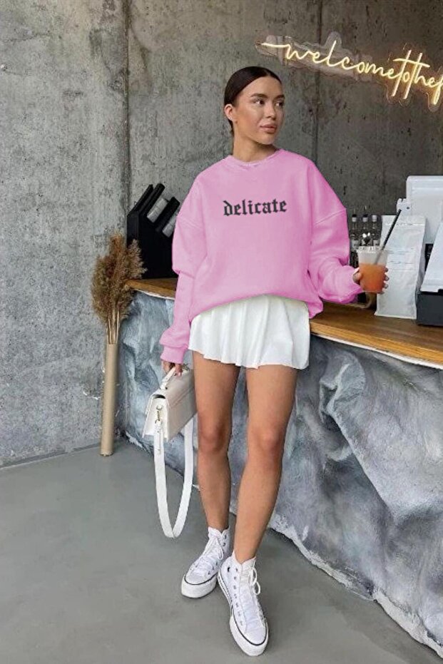 Women's Pink Delicate Written Oversize Sweatshirt – 3 Thread Raised, Gothic Printed, City and Casual S