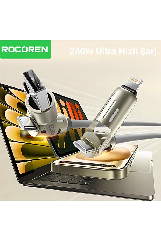 240W 4'ü 1 Arada Type-C / USB-A / Lightning Gri Silikon Şarj ve Data Kablosu 1.2 Metre - 3