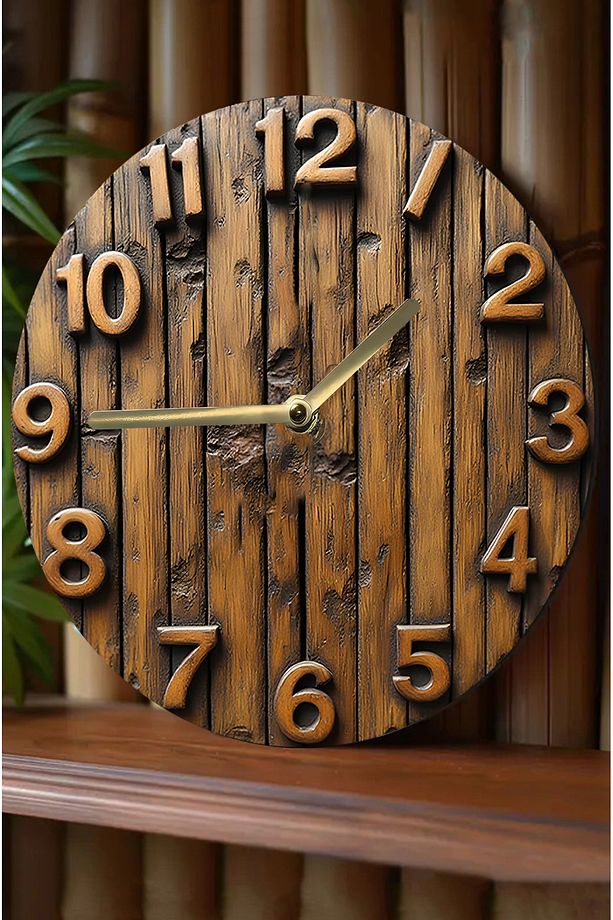 🪵 Rustik Ahşap Desenli 3D Görünümlü MDF Duvar Saati – 33 cm 🕰️ sdw86 - 1
