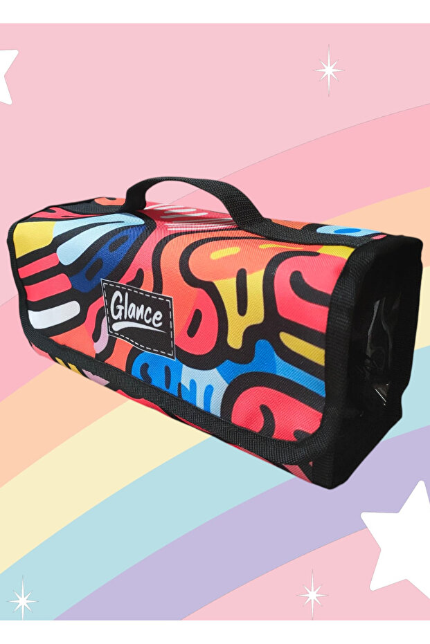 4-Section Colorful Pattern Pencil Bag with Handle - 4