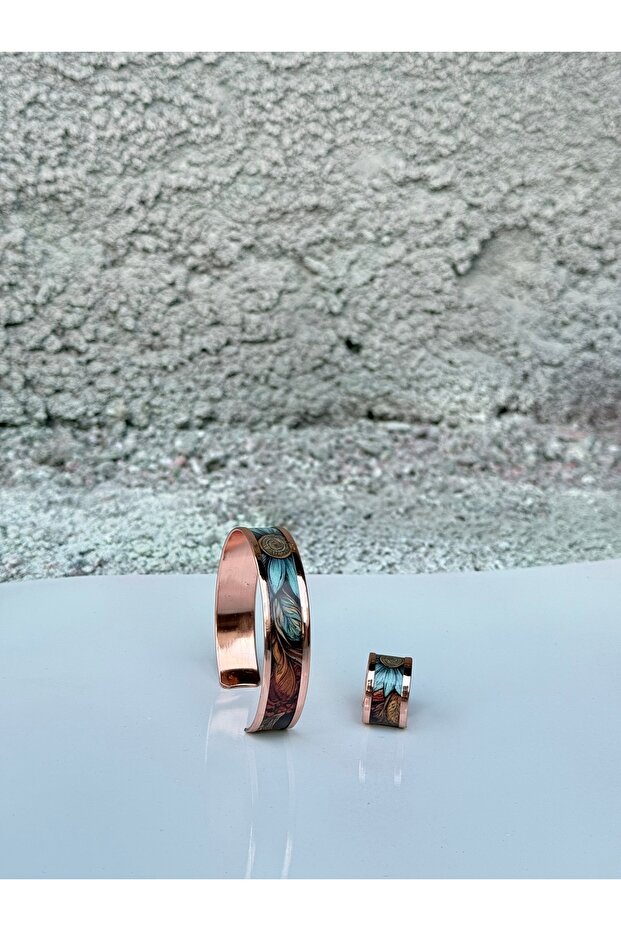 LAJA-2509 | Aura Serisi-Mavi Yaprak | El Yapımı Bakır Takı 2'li Set - Bakır Bileklik & Bakır Yüzük - 4